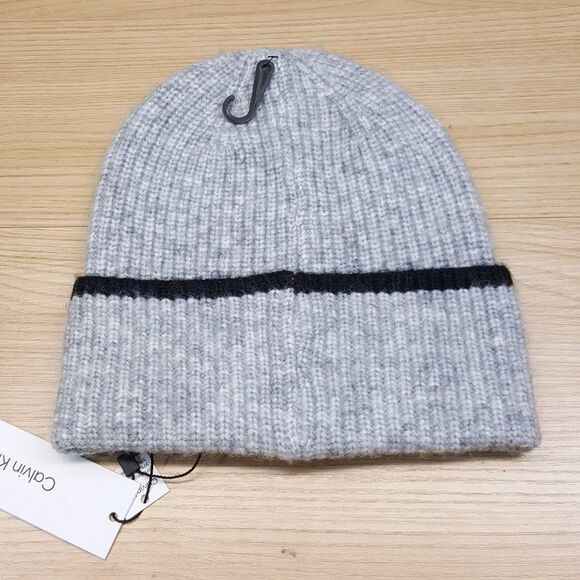CALVIN KLEIN Mens Beanie Hat Gray Tipped Stripe Fold Over Cuff Alpaca Knit - Picture 3 of 5
